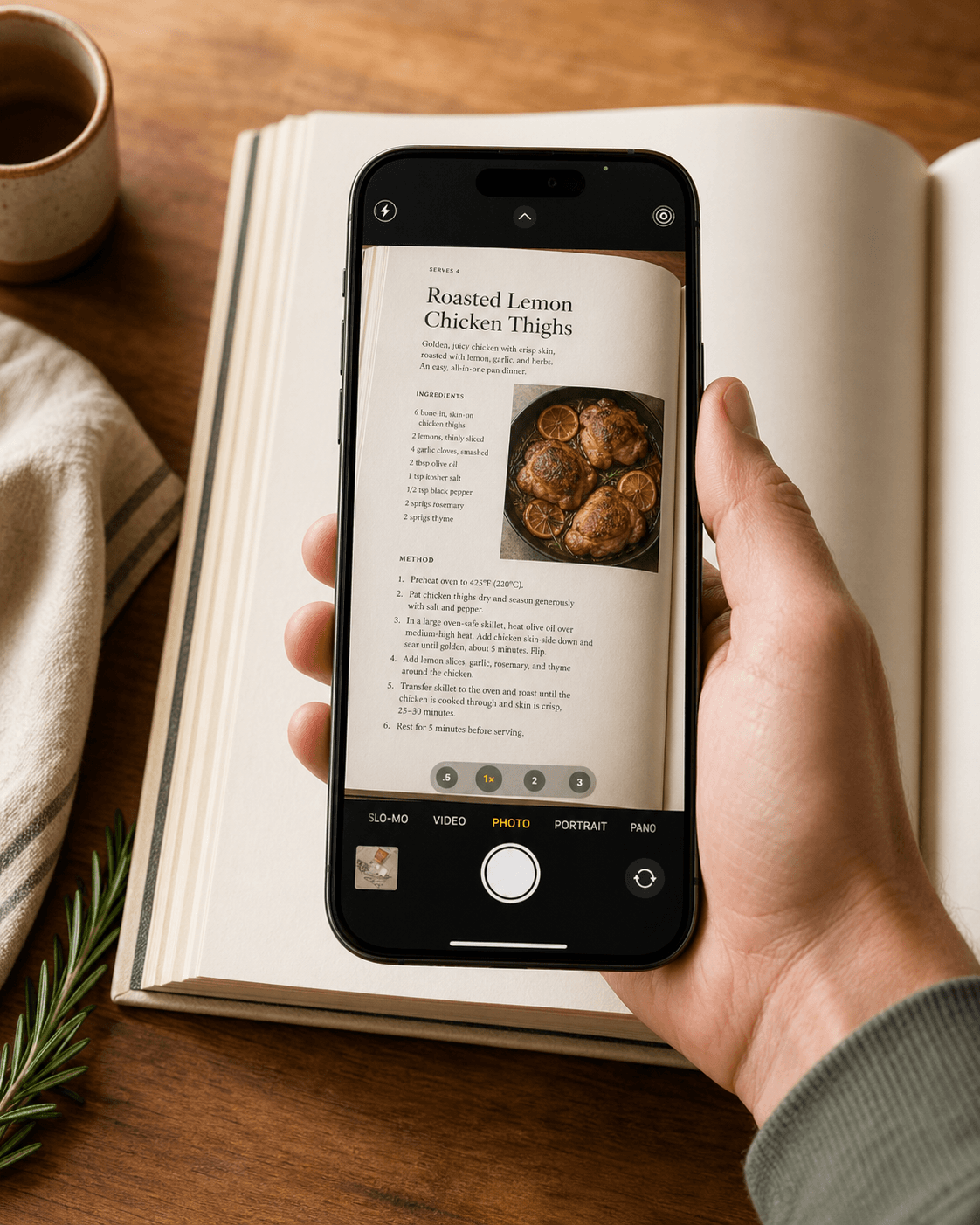 iPhone camera framing an open cookbook page