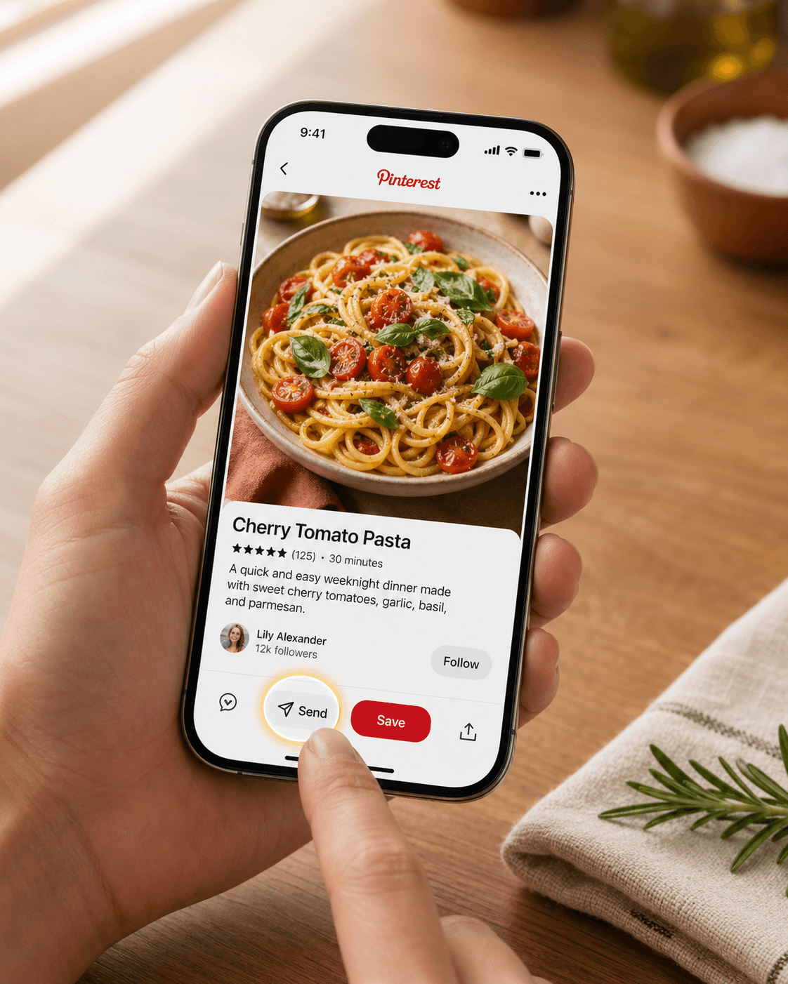 Tapping the Send button on a Pinterest recipe pin