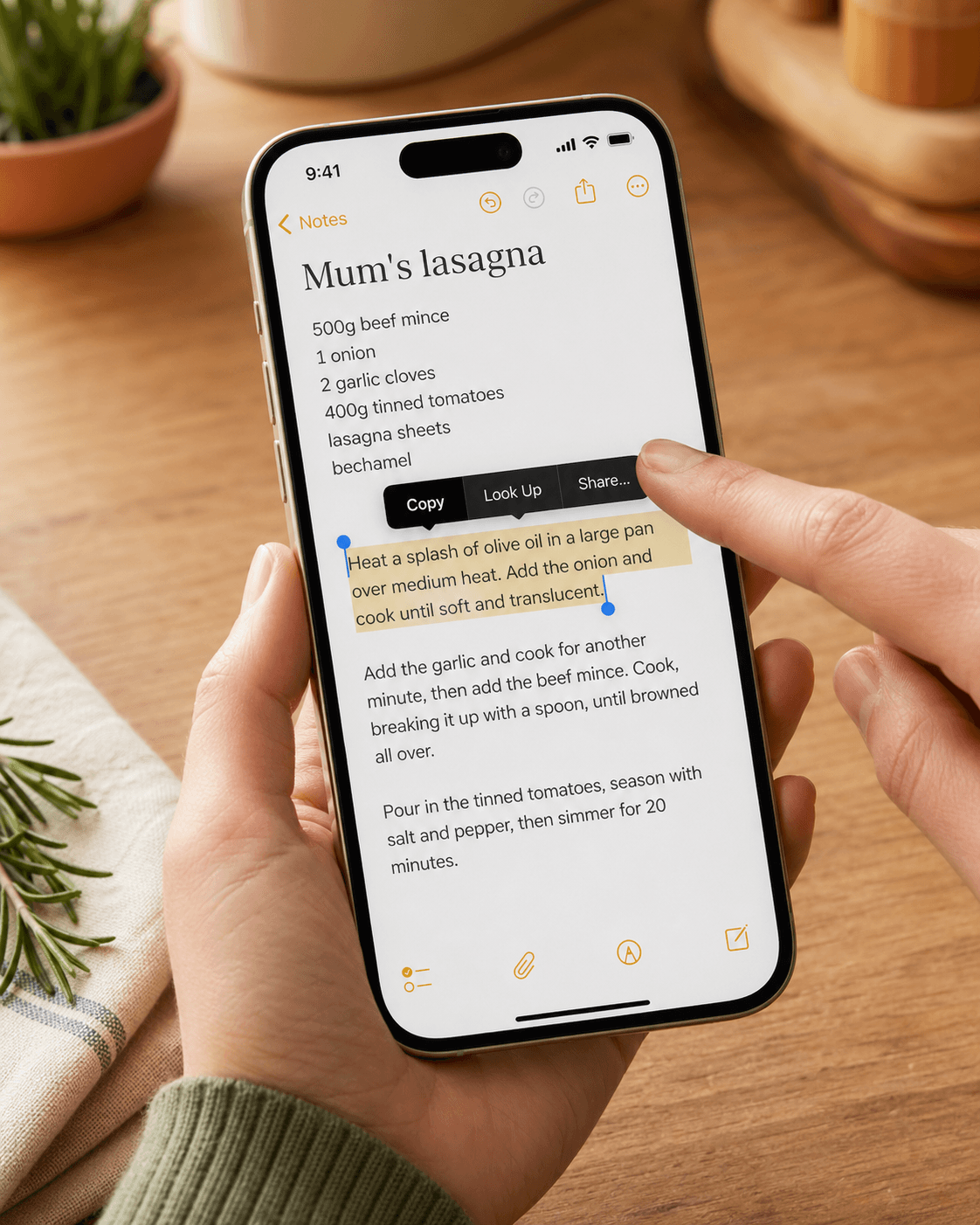 Selected recipe text in iOS Notes with the Share option in the context menu