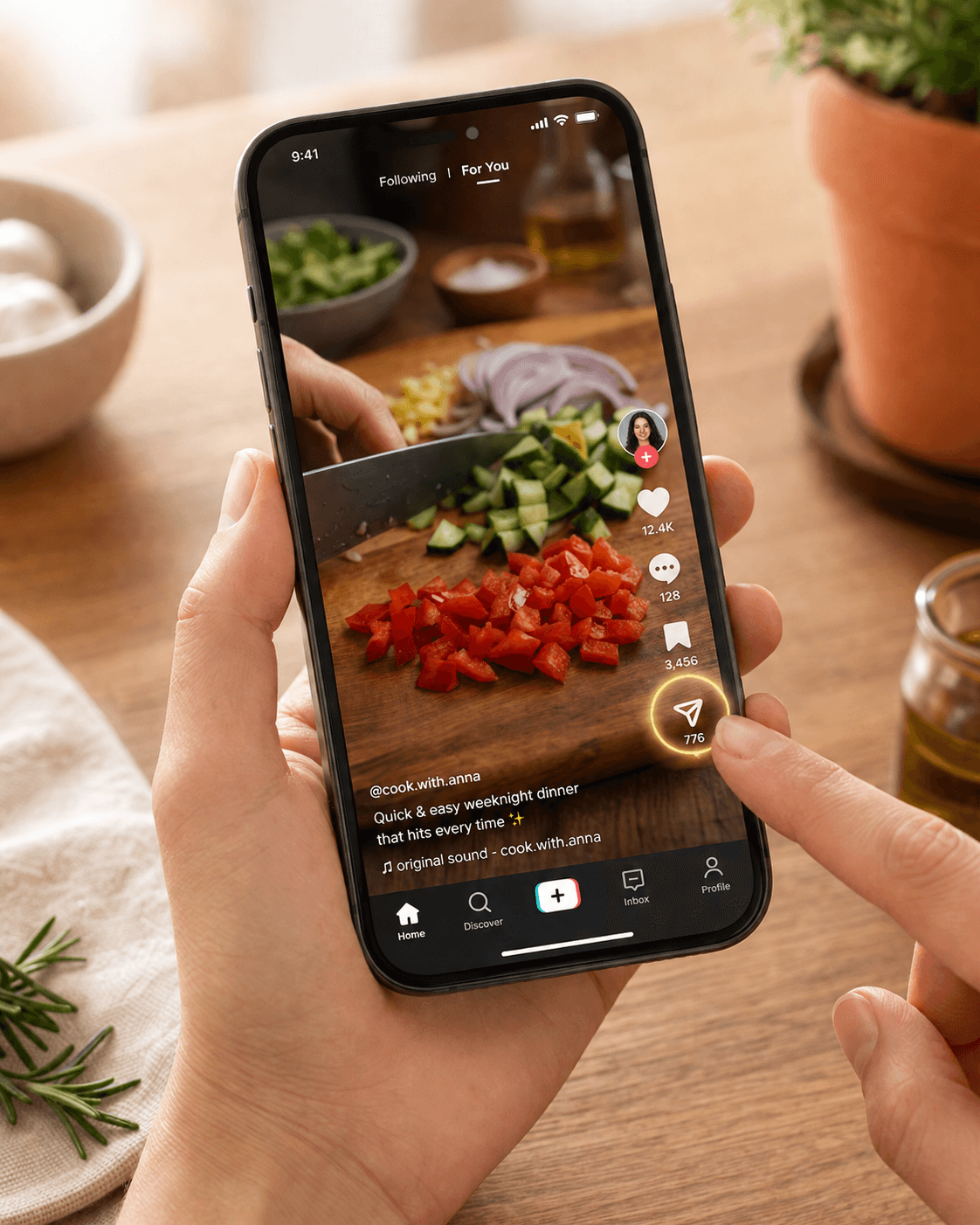 Tapping the share arrow on a TikTok cooking video