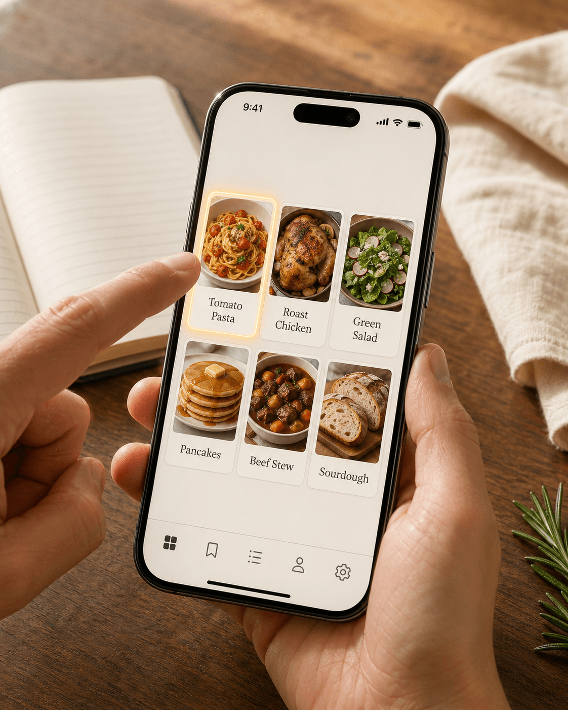 Recipes library shown as a grid of recipe thumbnails