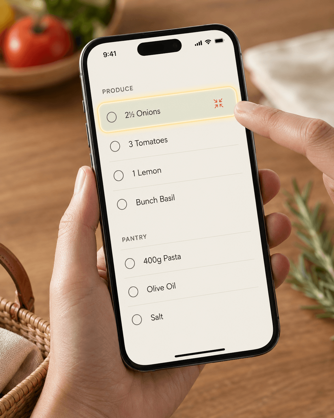Grocery list with three recipes' onions merged into '2½ Onions'