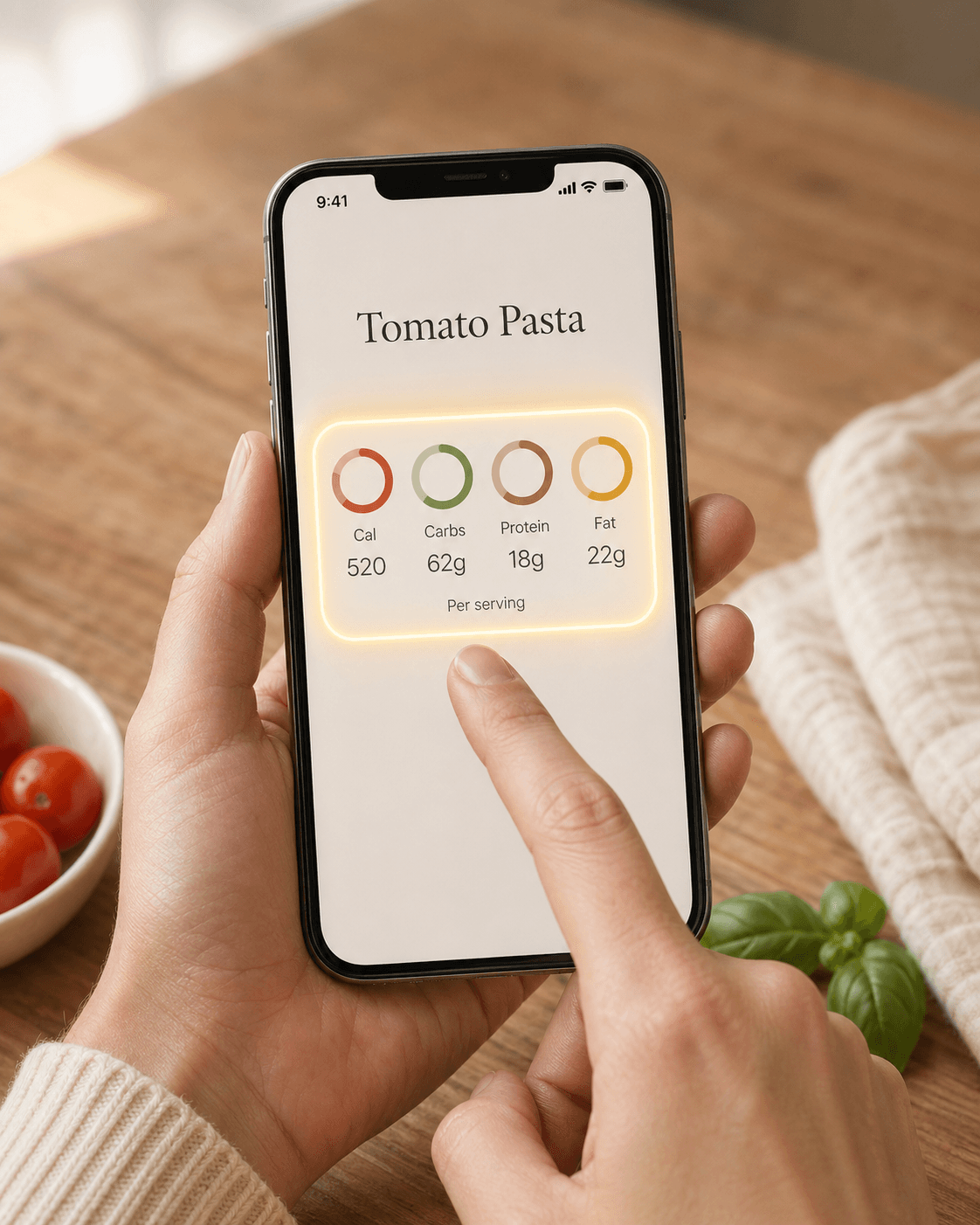 Recipe nutrition panel with calories, carbs, protein, and fat rings