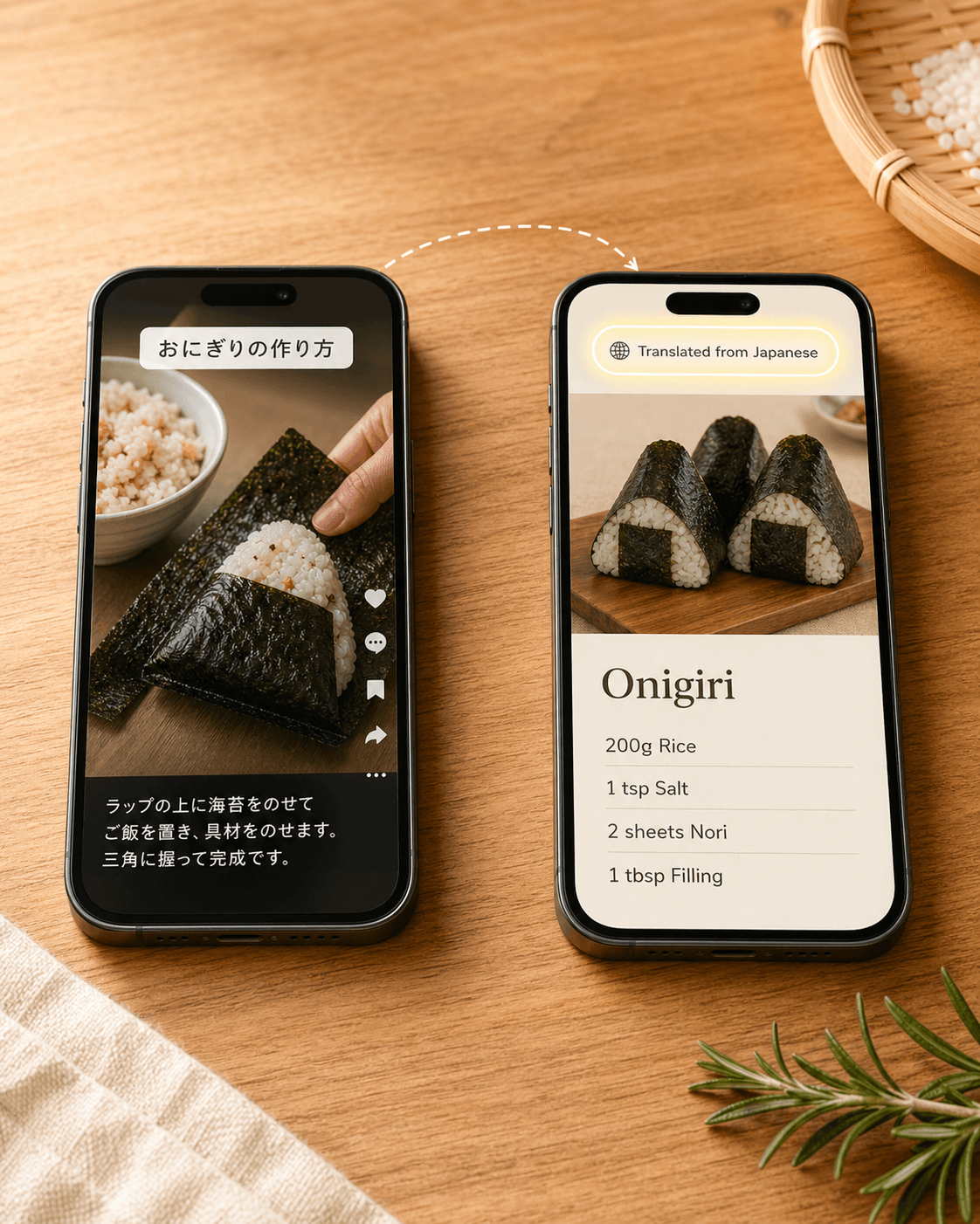 Two phones on a wooden counter showing a Japanese onigiri recipe being translated to English in the Recipes app